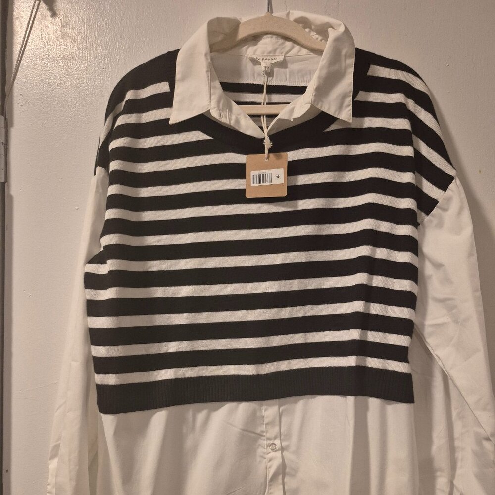 Blu Pepper Striped Layered Button-Down Shirt Blac… - image 1